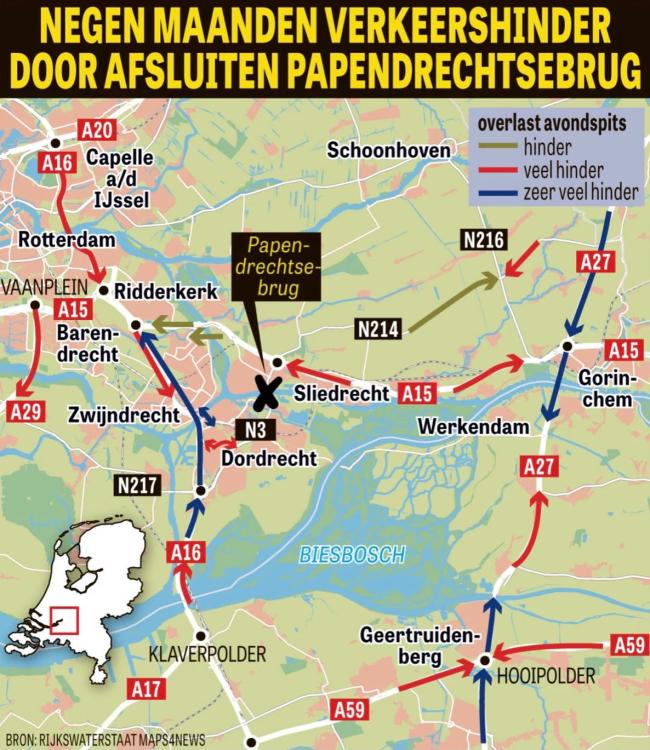 Proloog van afsluiting Papendrechtse brug begint 6 juli vanaf 7 uur met Baanhoekbrug